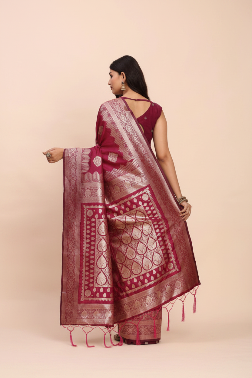 Snuggle Spot Women's Banarasi Silk Printed Saree With Unstitched Blouse 5.5Mtr (Magenta)