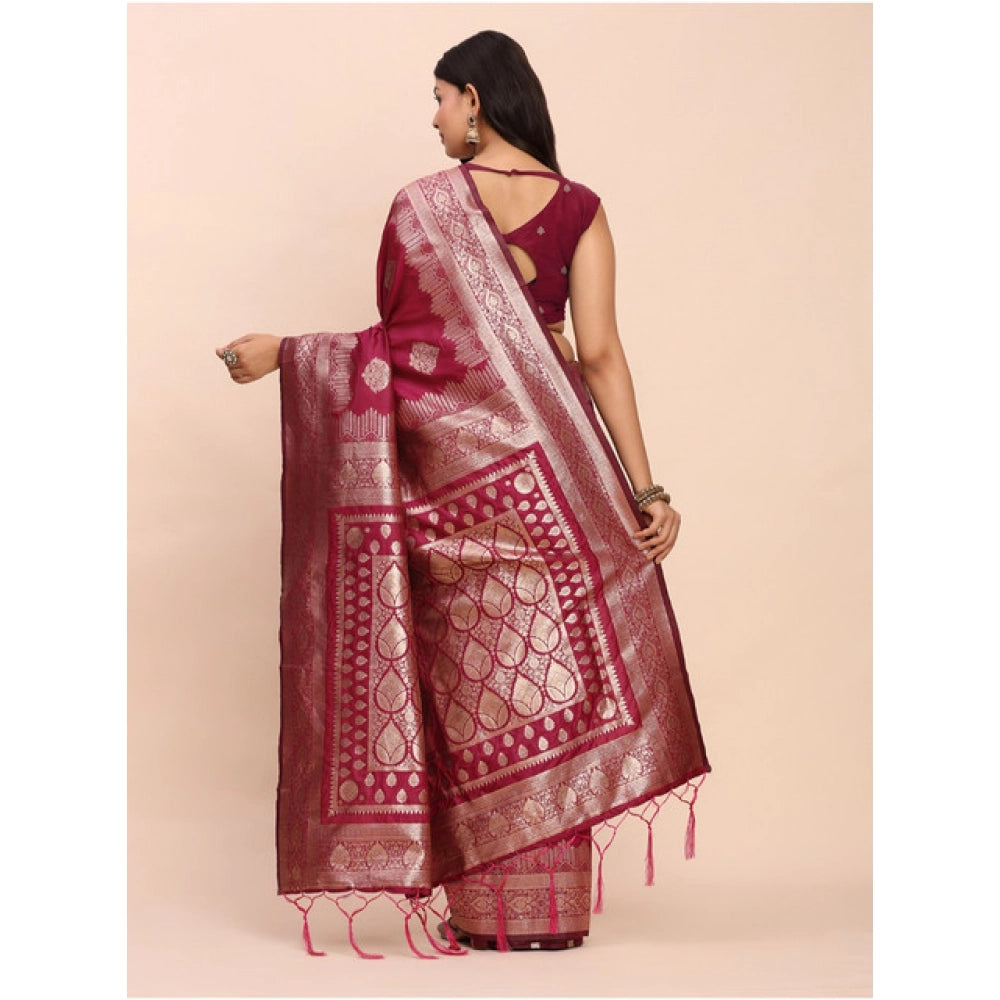 Snuggle Spot Women's Banarasi Silk Printed Saree With Unstitched Blouse 5.5Mtr (Magenta)