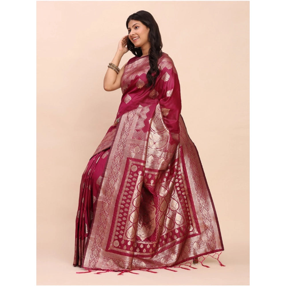 Snuggle Spot Women's Banarasi Silk Printed Saree With Unstitched Blouse 5.5Mtr (Magenta)