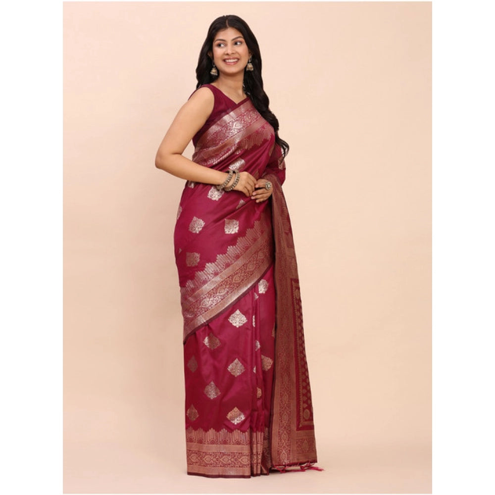 Snuggle Spot Women's Banarasi Silk Printed Saree With Unstitched Blouse 5.5Mtr (Magenta)