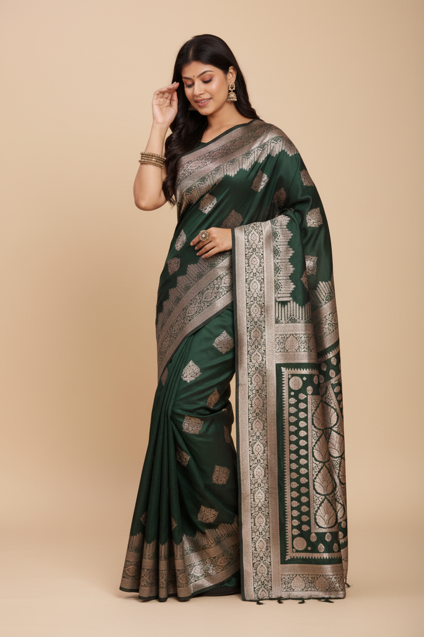 Snuggle Spot Women's Banarasi Silk Printed Saree With Unstitched Blouse 5.5Mtr (Green)