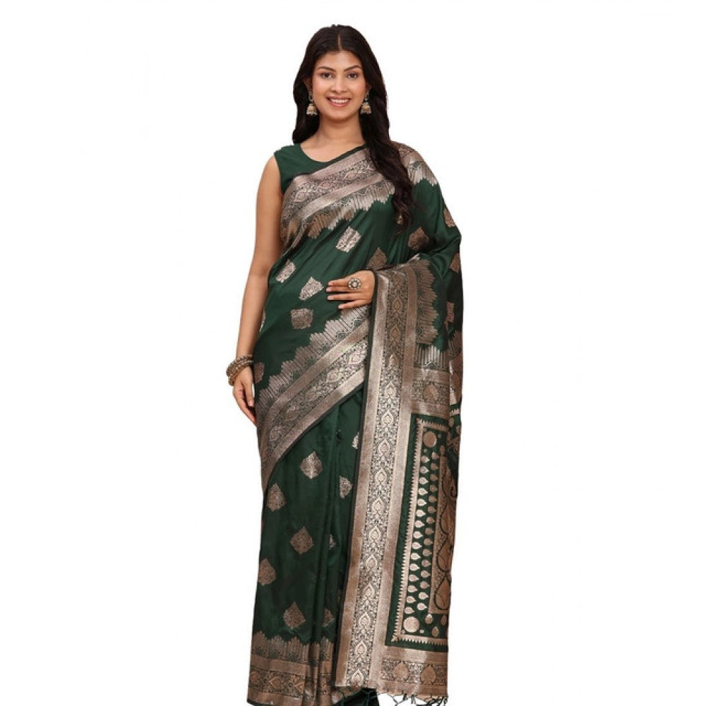 Snuggle Spot Women's Banarasi Silk Printed Saree With Unstitched Blouse 5.5Mtr (Green)
