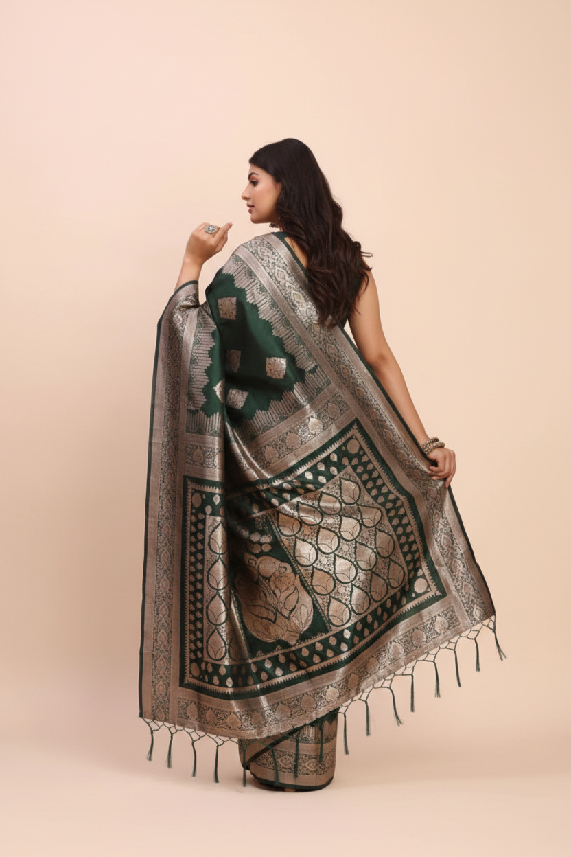 Snuggle Spot Women's Banarasi Silk Printed Saree With Unstitched Blouse 5.5Mtr (Green)