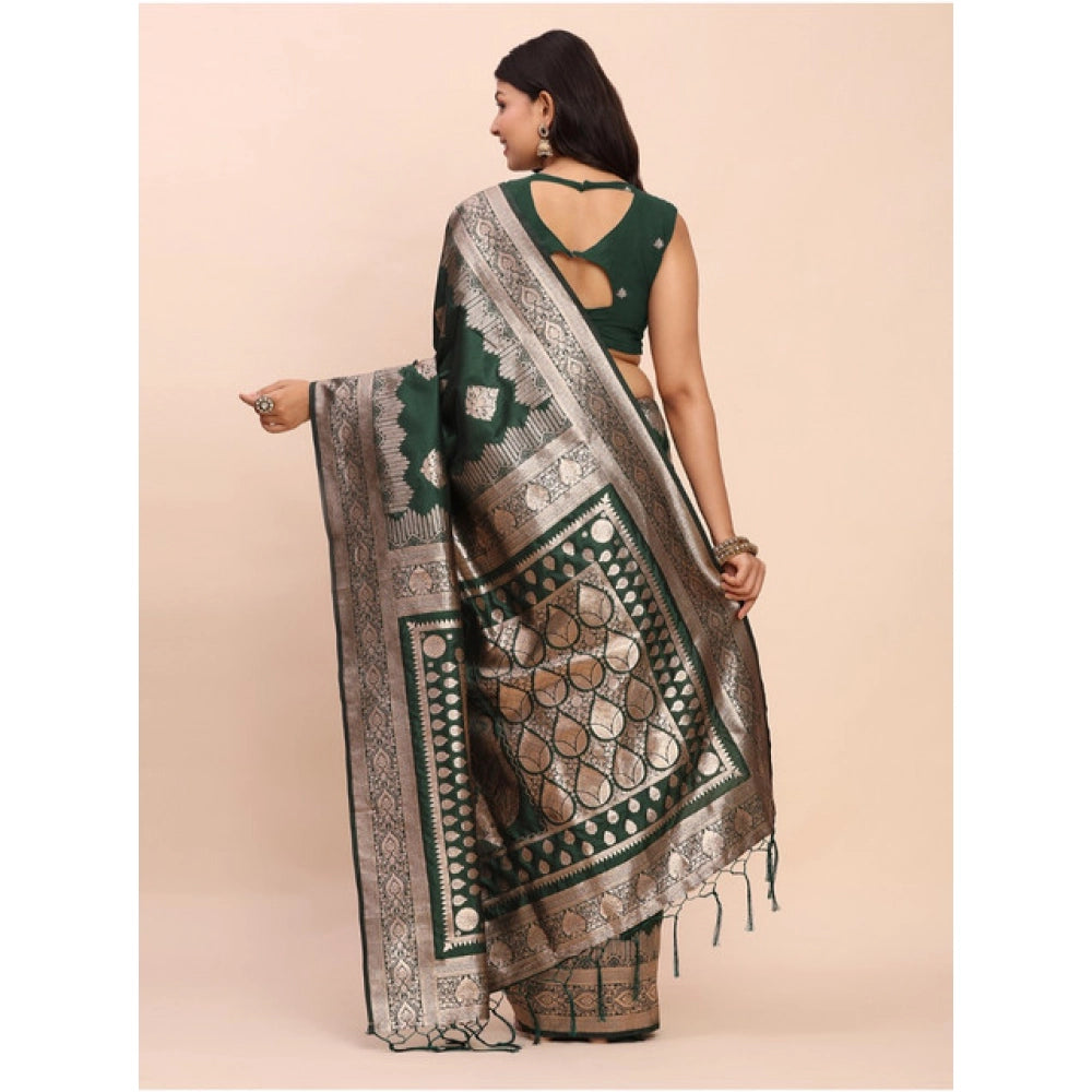 Snuggle Spot Women's Banarasi Silk Printed Saree With Unstitched Blouse 5.5Mtr (Green)