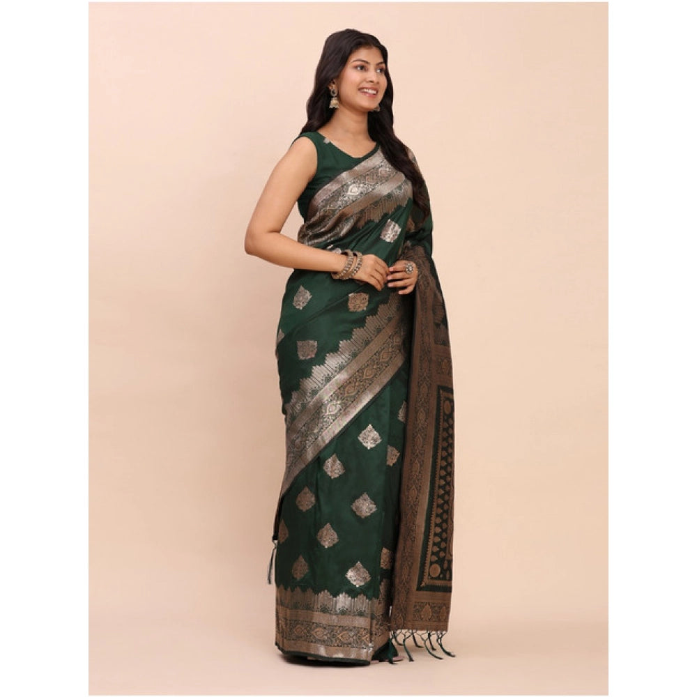 Snuggle Spot Women's Banarasi Silk Printed Saree With Unstitched Blouse 5.5Mtr (Green)