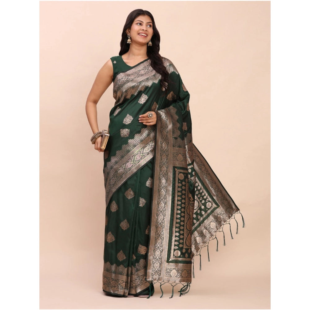 Snuggle Spot Women's Banarasi Silk Printed Saree With Unstitched Blouse 5.5Mtr (Green)