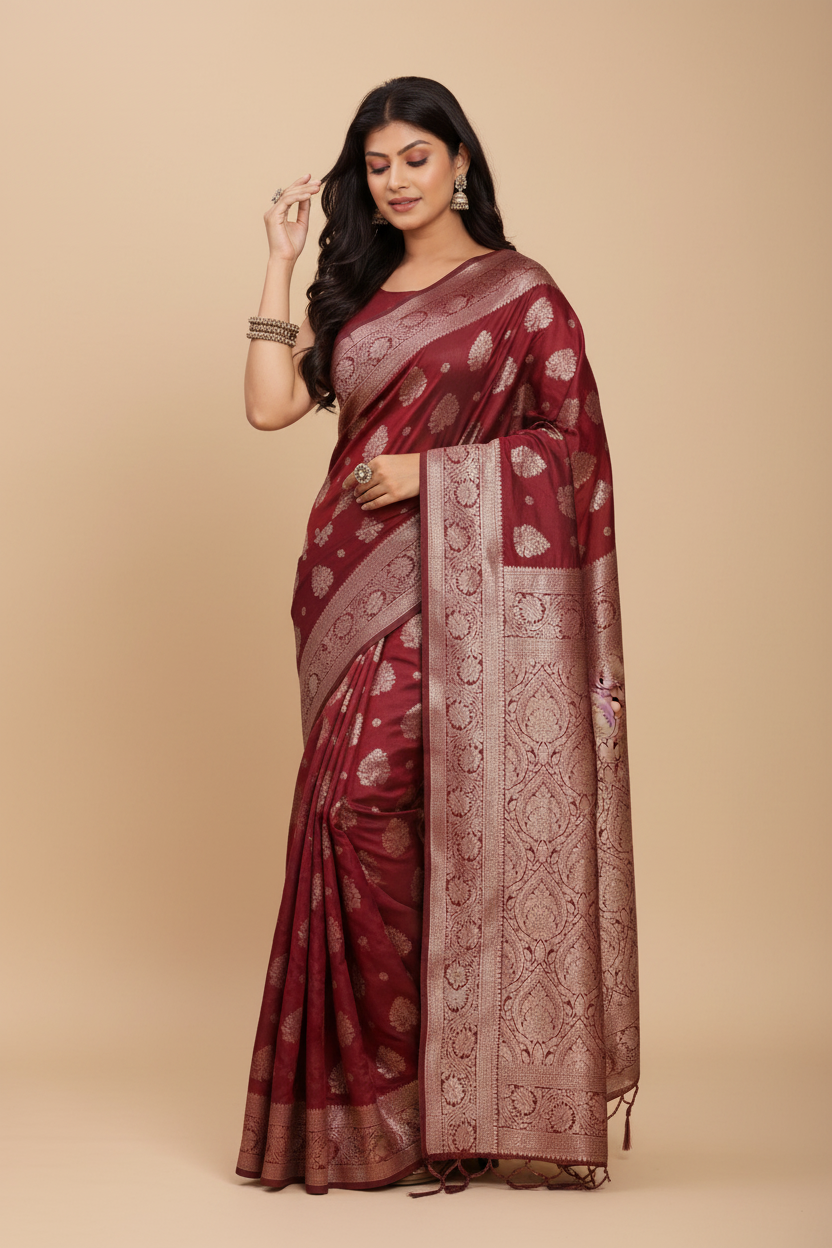 Snuggle Spot Women's Banarasi Silk Printed Saree With Unstitched Blouse 5.5Mtr (Maroon)