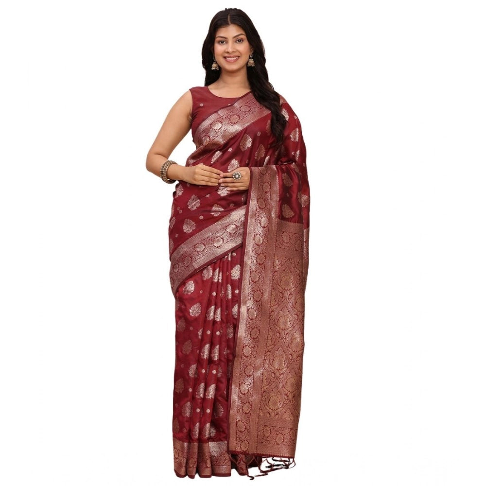Snuggle Spot Women's Banarasi Silk Printed Saree With Unstitched Blouse 5.5Mtr (Maroon)