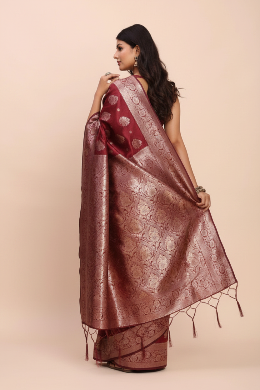 Snuggle Spot Women's Banarasi Silk Printed Saree With Unstitched Blouse 5.5Mtr (Maroon)