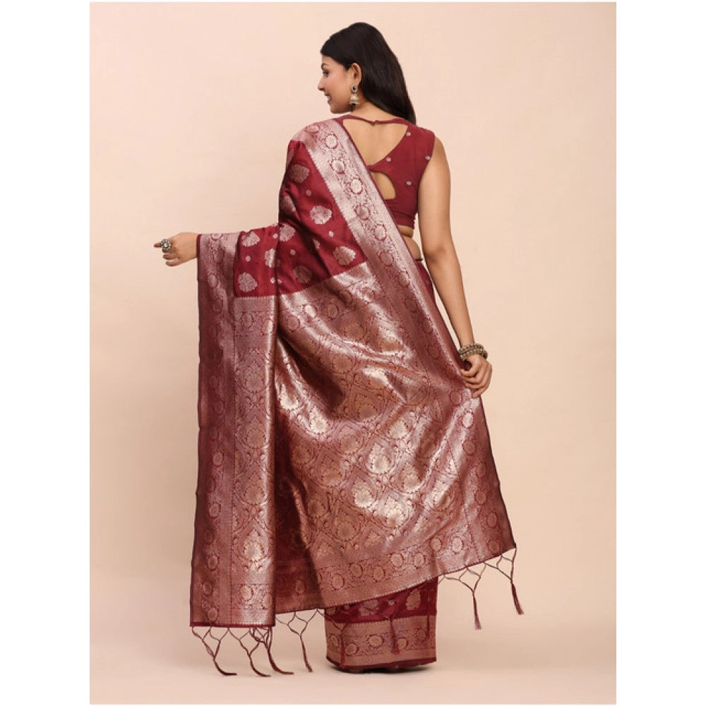 Snuggle Spot Women's Banarasi Silk Printed Saree With Unstitched Blouse 5.5Mtr (Maroon)