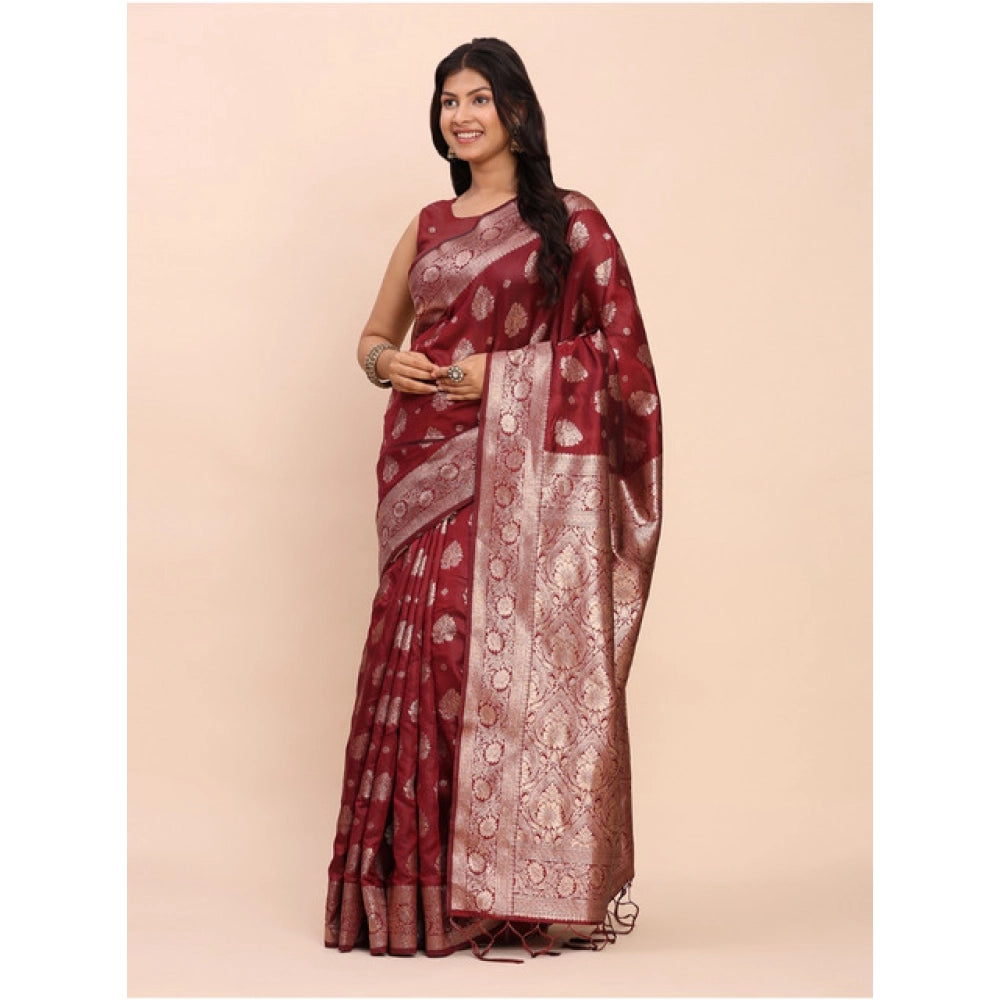 Snuggle Spot Women's Banarasi Silk Printed Saree With Unstitched Blouse 5.5Mtr (Maroon)