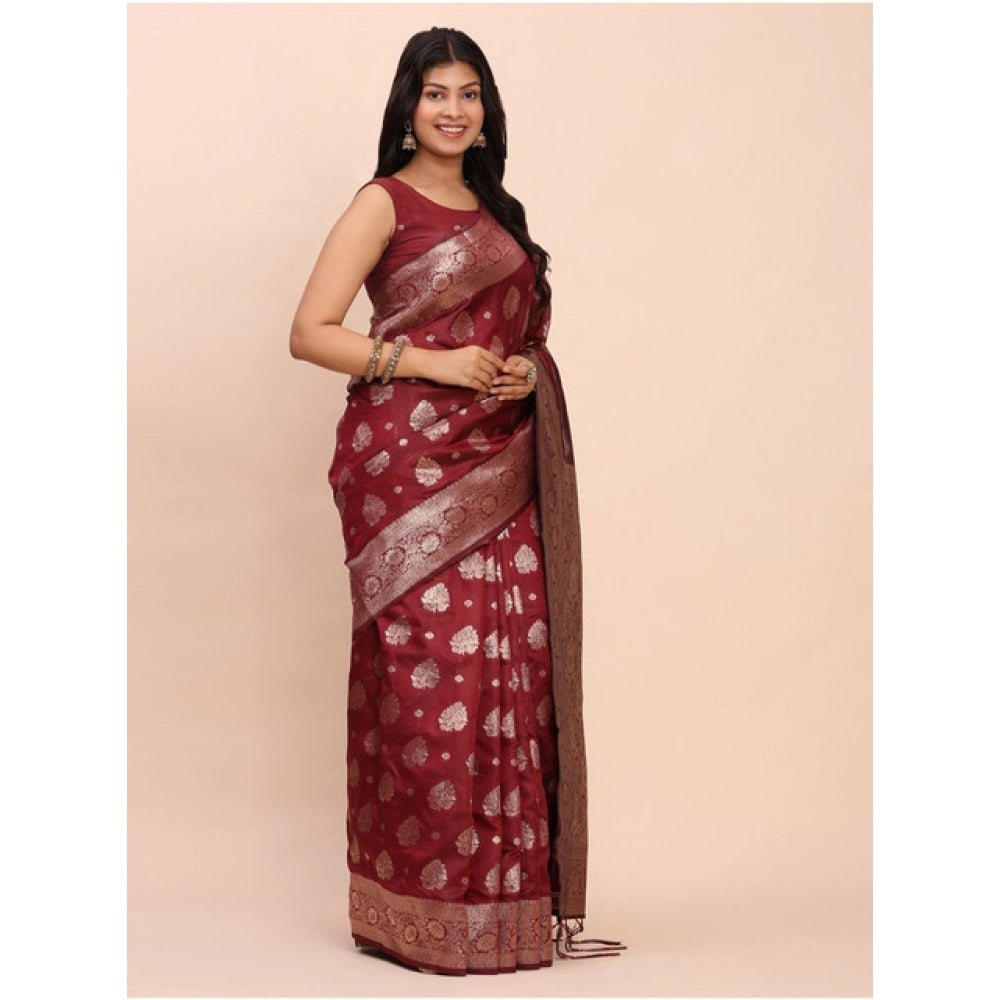 Snuggle Spot Women's Banarasi Silk Printed Saree With Unstitched Blouse 5.5Mtr (Maroon)