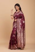 Snuggle Spot Women's Banarasi Silk Printed Saree With Unstitched Blouse 5.5Mtr (Purple)
