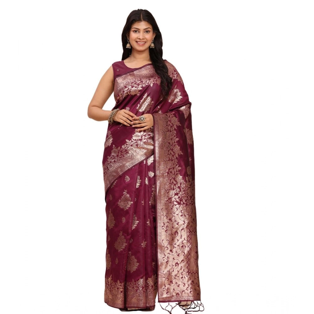 Snuggle Spot Women's Banarasi Silk Printed Saree With Unstitched Blouse 5.5Mtr (Purple)
