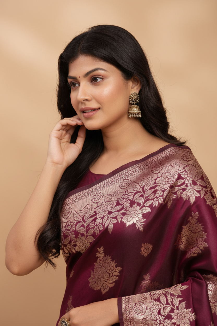 Snuggle Spot Women's Banarasi Silk Printed Saree With Unstitched Blouse 5.5Mtr (Purple)