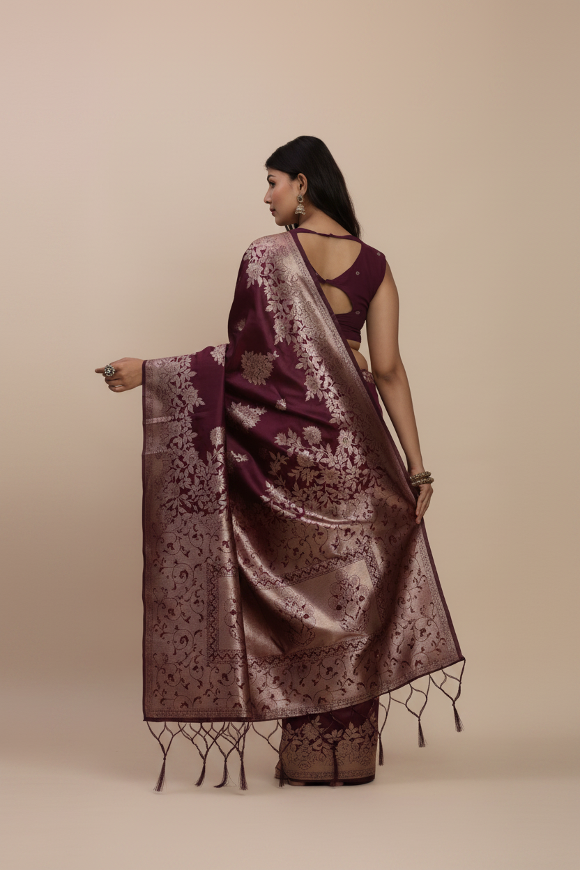 Snuggle Spot Women's Banarasi Silk Printed Saree With Unstitched Blouse 5.5Mtr (Purple)