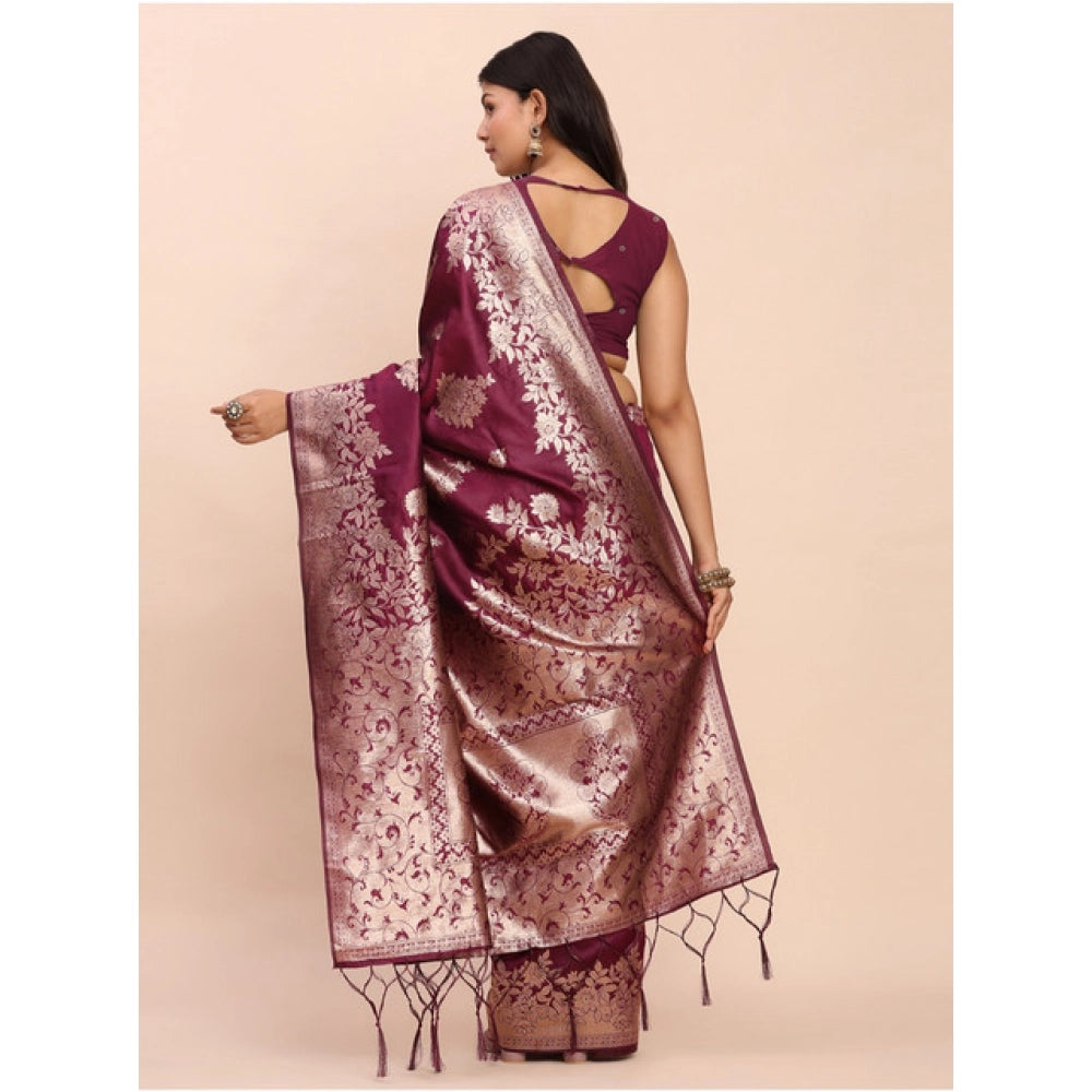 Snuggle Spot Women's Banarasi Silk Printed Saree With Unstitched Blouse 5.5Mtr (Purple)