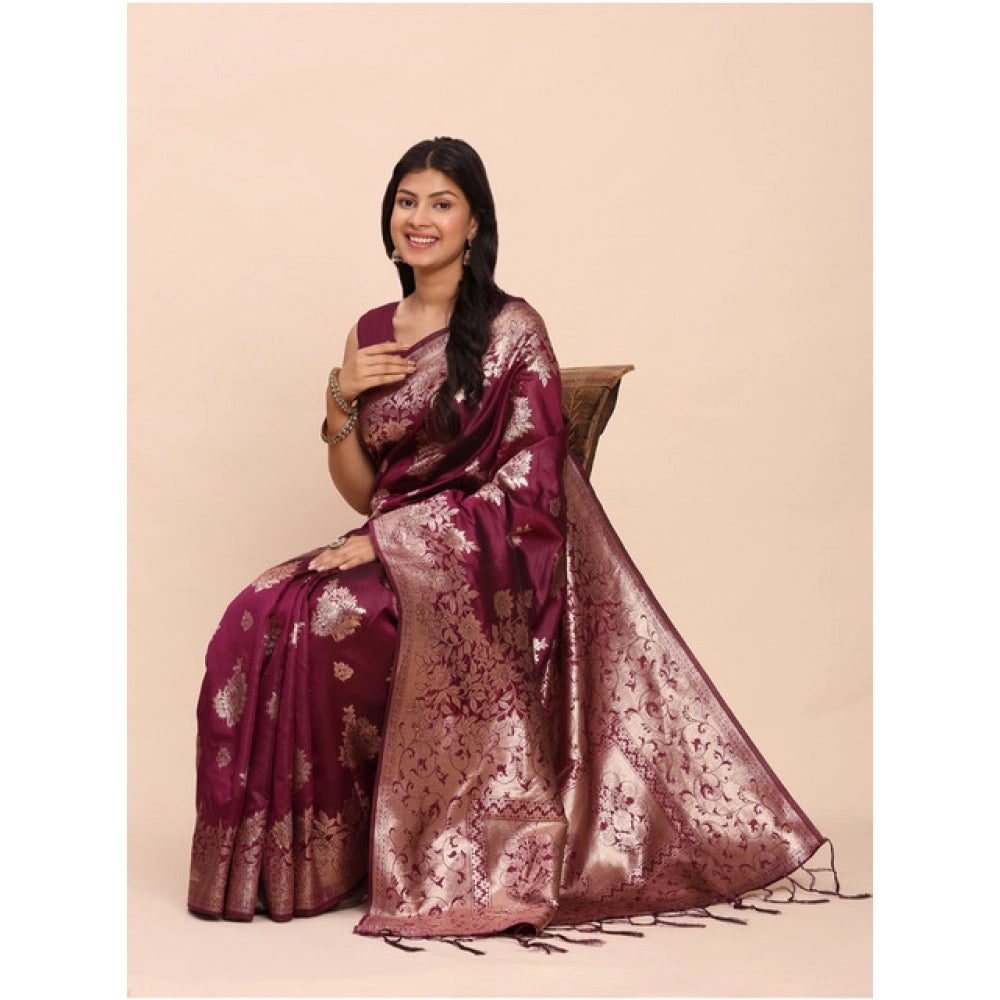 Snuggle Spot Women's Banarasi Silk Printed Saree With Unstitched Blouse 5.5Mtr (Purple)