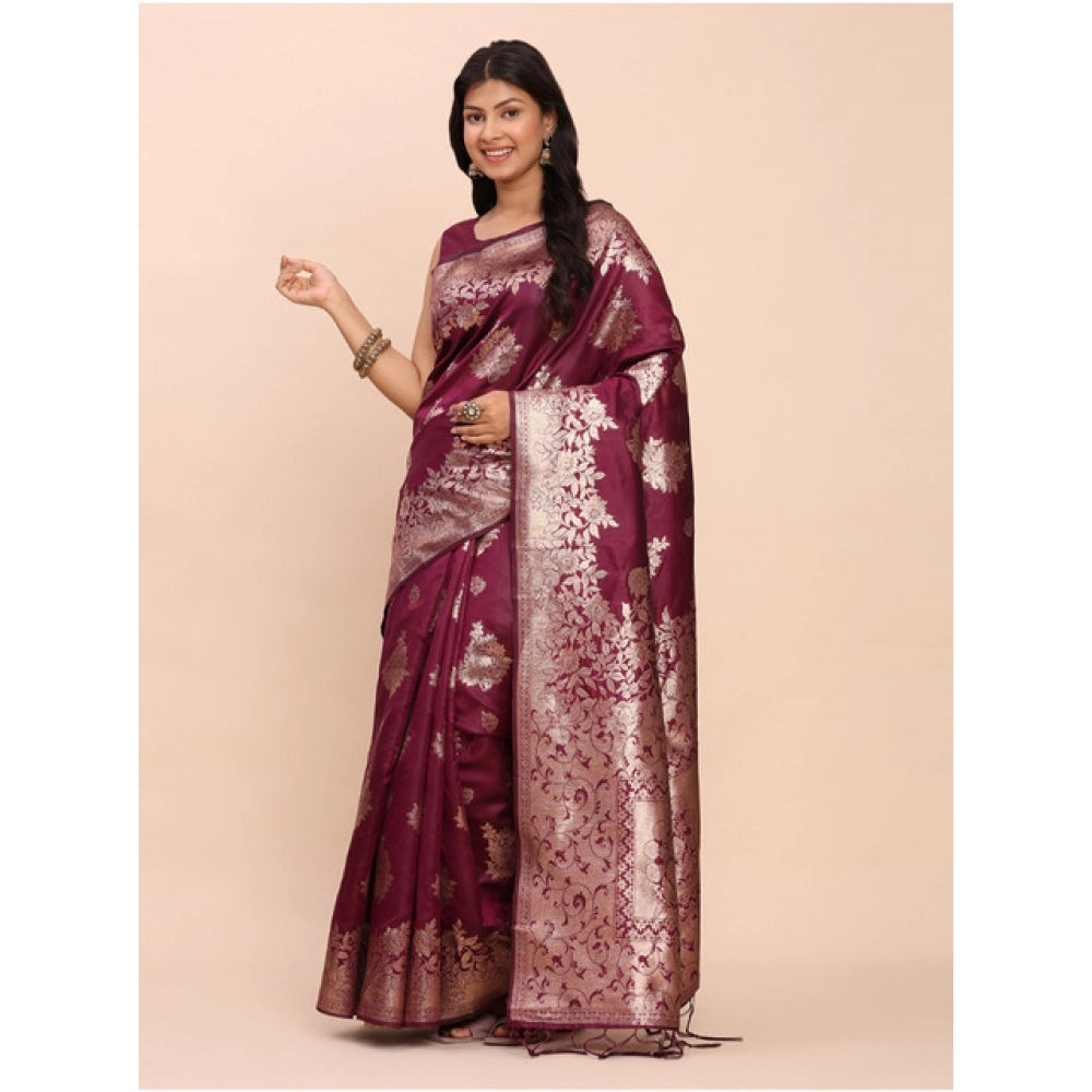 Snuggle Spot Women's Banarasi Silk Printed Saree With Unstitched Blouse 5.5Mtr (Purple)