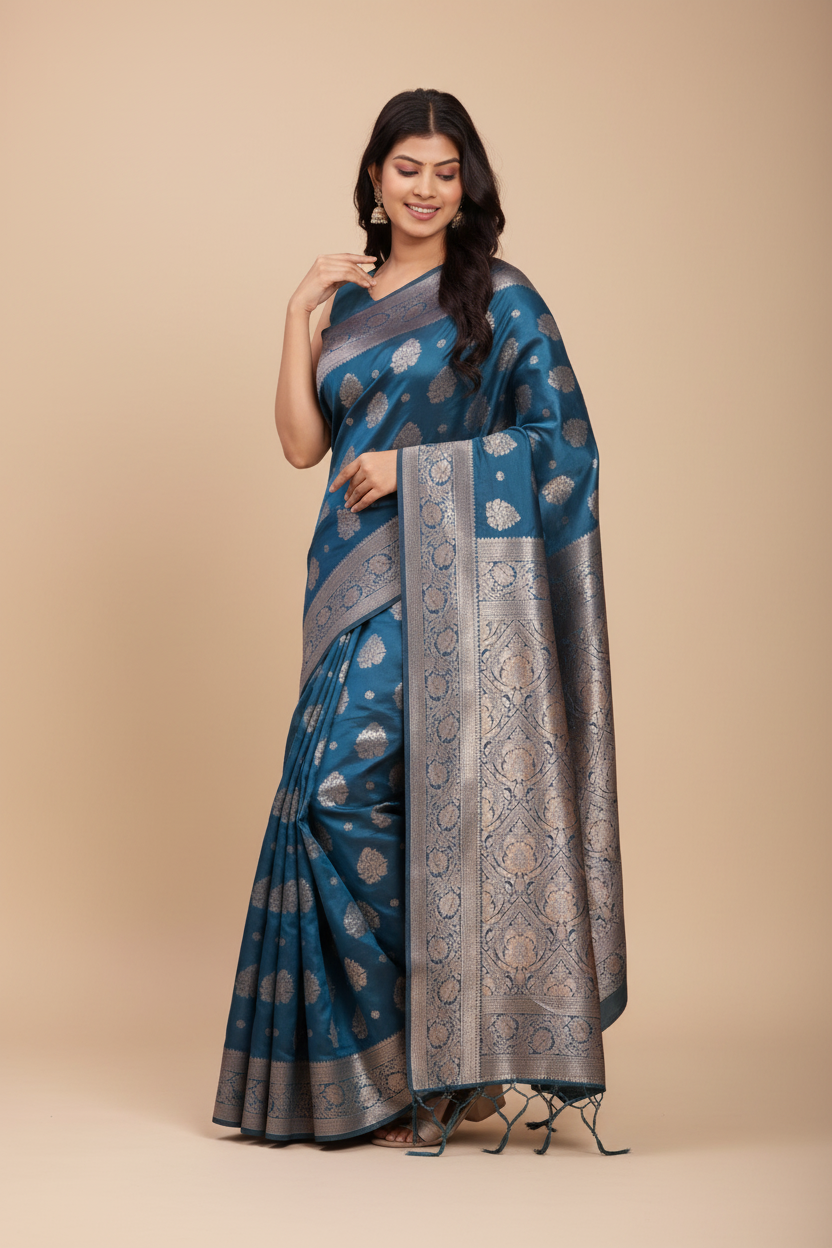 Snuggle Spot Women's Banarasi Silk Printed Saree With Unstitched Blouse 5.5Mtr (Teal Blue)