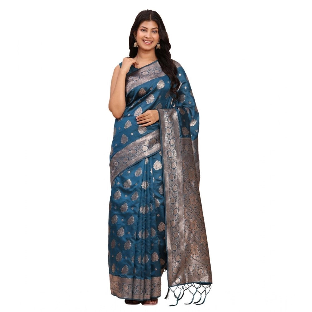 Snuggle Spot Women's Banarasi Silk Printed Saree With Unstitched Blouse 5.5Mtr (Teal Blue)