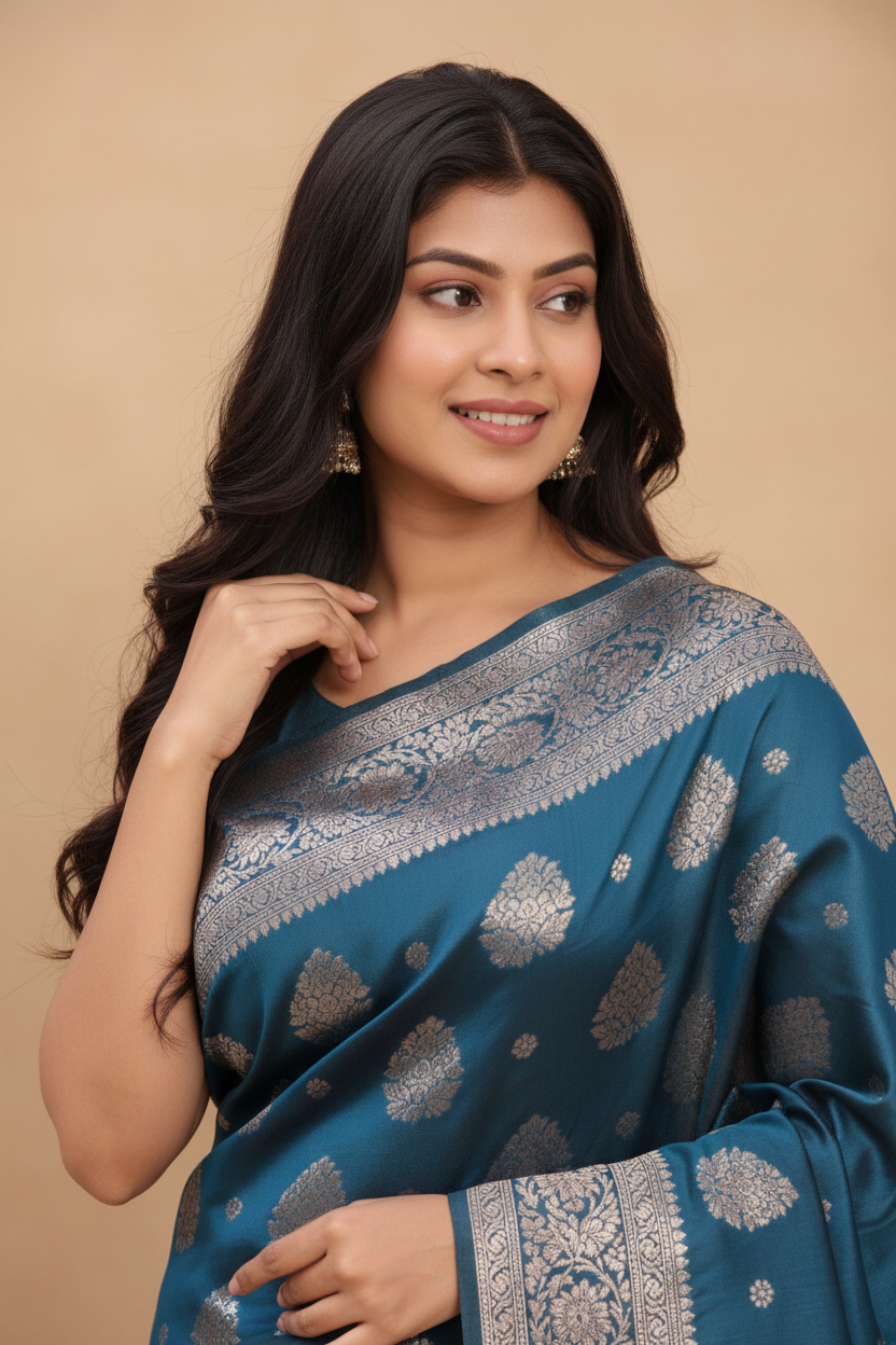 Snuggle Spot Women's Banarasi Silk Printed Saree With Unstitched Blouse 5.5Mtr (Teal Blue)
