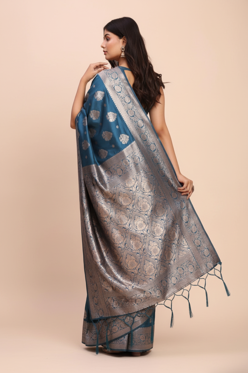 Snuggle Spot Women's Banarasi Silk Printed Saree With Unstitched Blouse 5.5Mtr (Teal Blue)