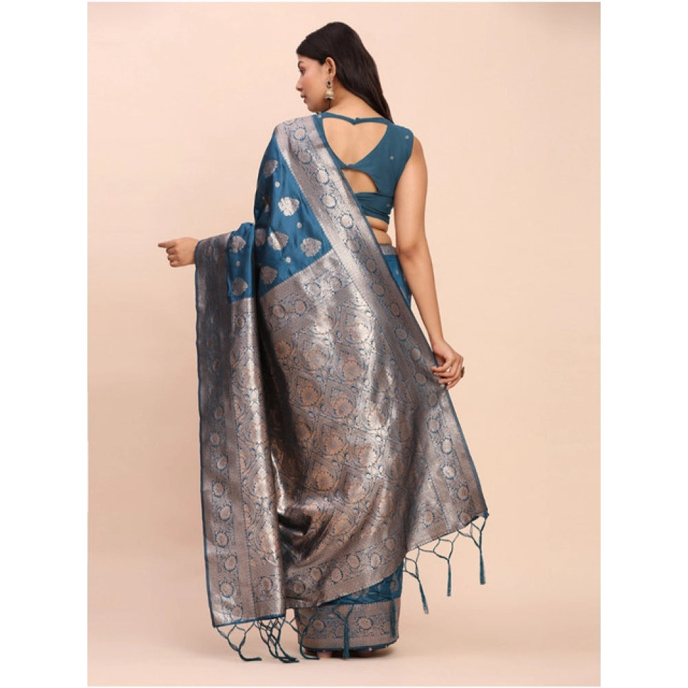 Snuggle Spot Women's Banarasi Silk Printed Saree With Unstitched Blouse 5.5Mtr (Teal Blue)