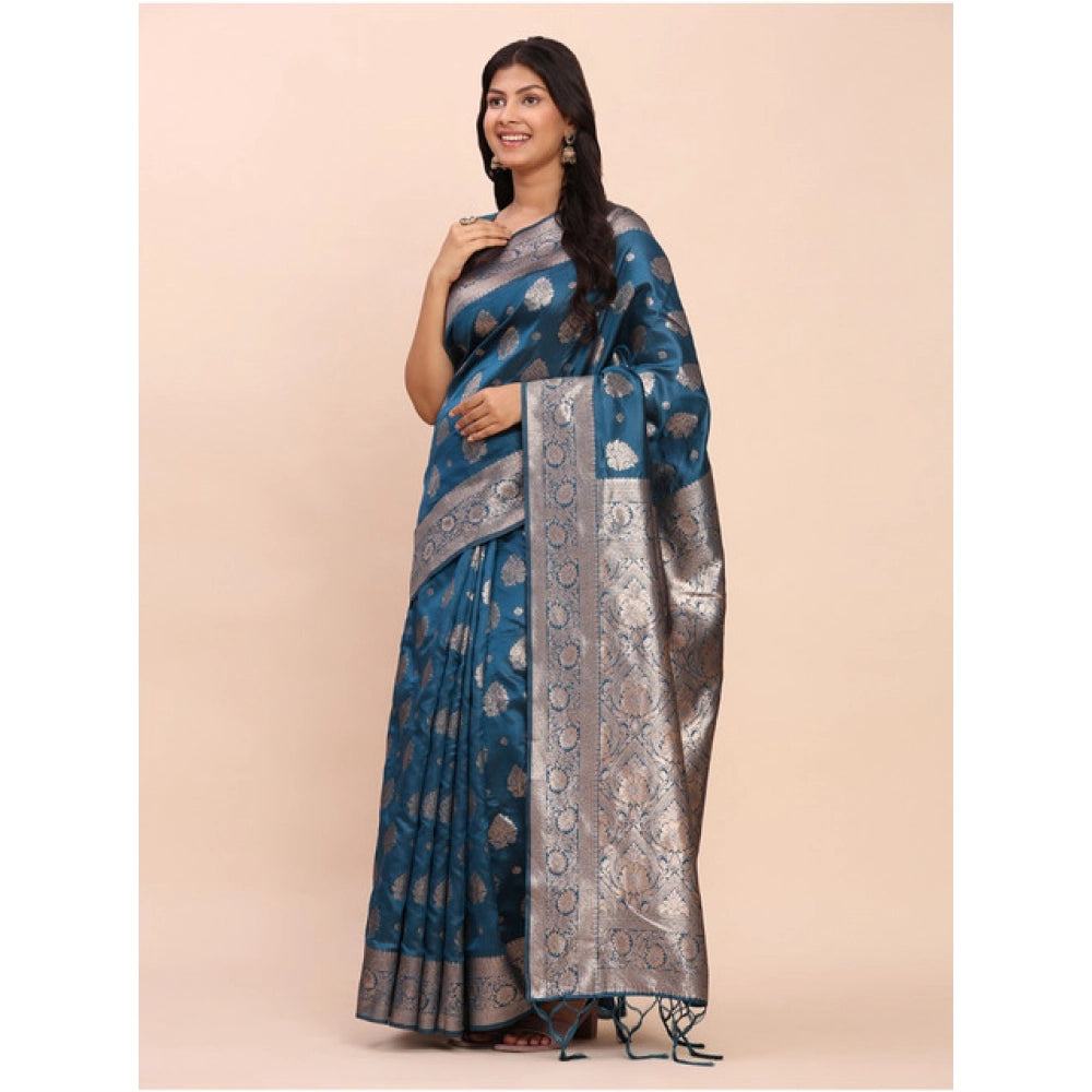 Snuggle Spot Women's Banarasi Silk Printed Saree With Unstitched Blouse 5.5Mtr (Teal Blue)