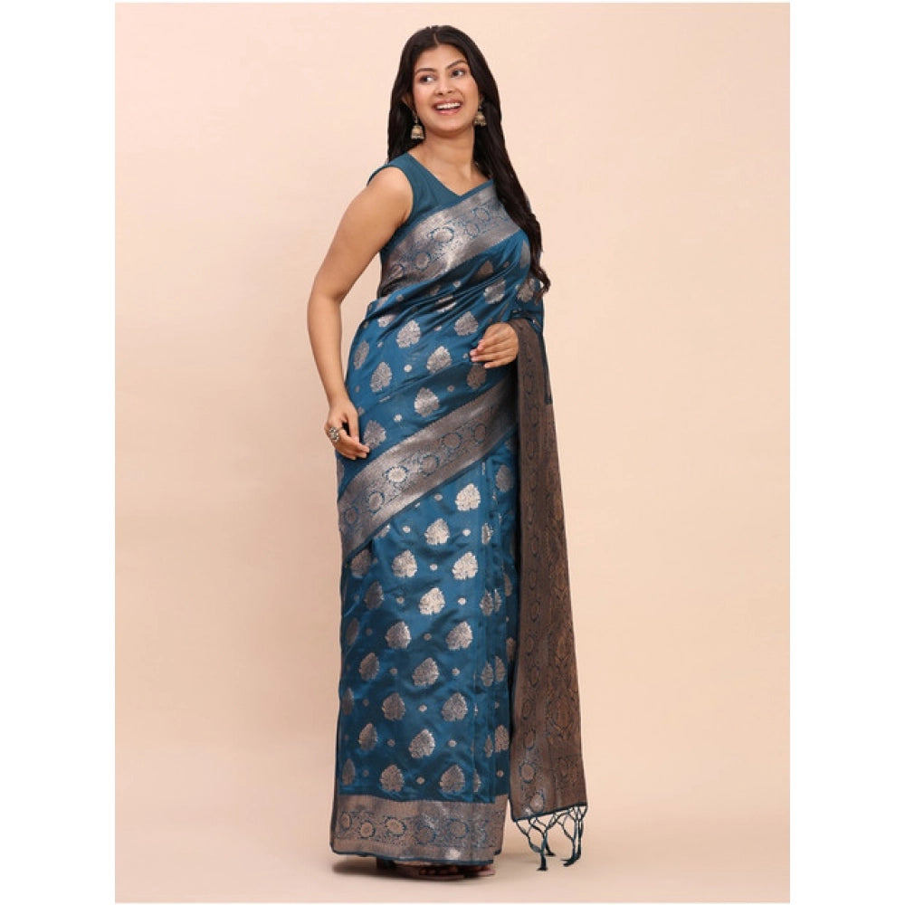 Snuggle Spot Women's Banarasi Silk Printed Saree With Unstitched Blouse 5.5Mtr (Teal Blue)