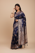Snuggle Spot Women's Banarasi Silk Printed Saree With Unstitched Blouse 5.5Mtr (Navy Blue)