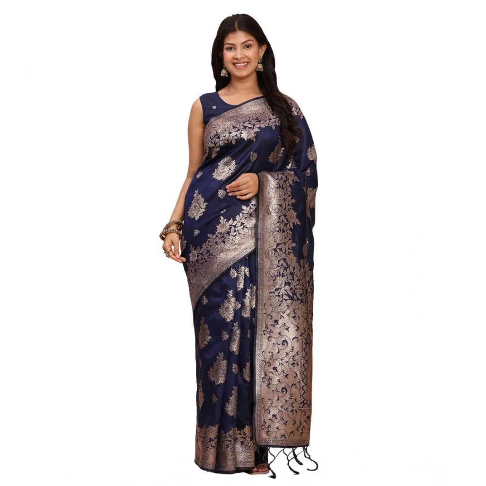 Snuggle Spot Women's Banarasi Silk Printed Saree With Unstitched Blouse 5.5Mtr (Navy Blue)