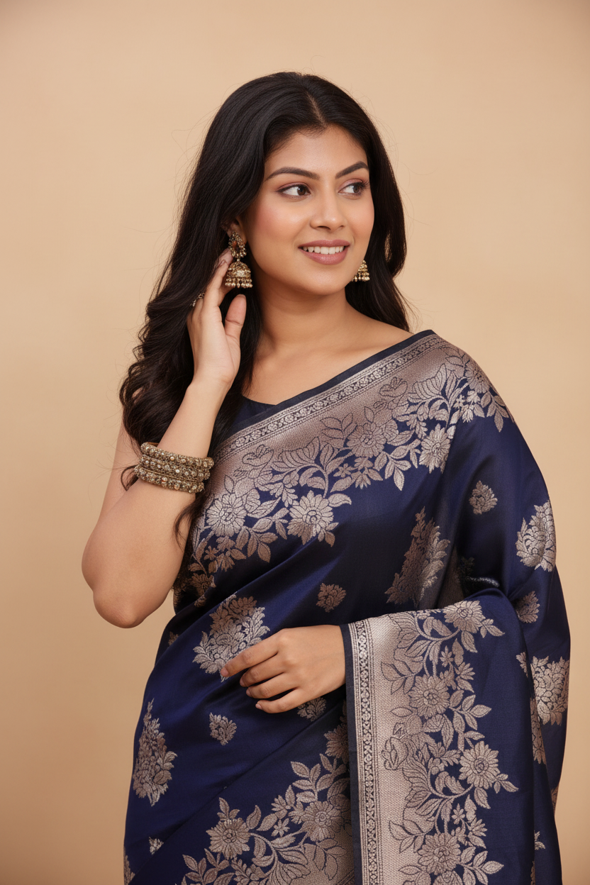Snuggle Spot Women's Banarasi Silk Printed Saree With Unstitched Blouse 5.5Mtr (Navy Blue)