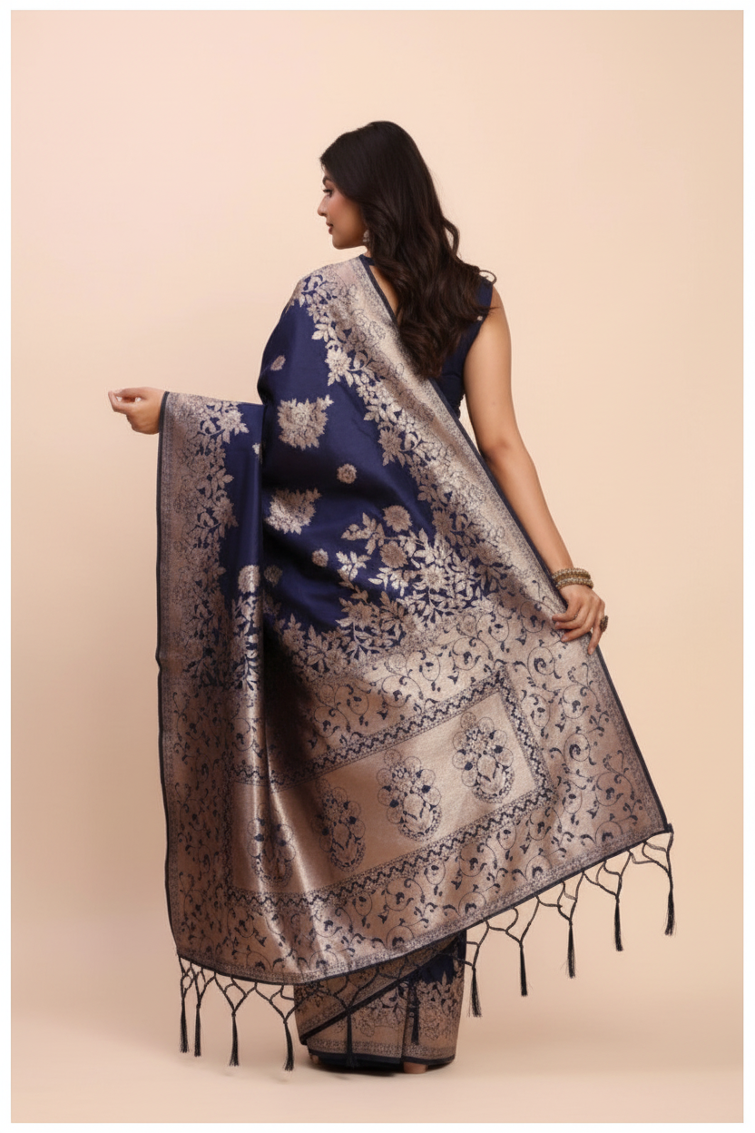 Snuggle Spot Women's Banarasi Silk Printed Saree With Unstitched Blouse 5.5Mtr (Navy Blue)