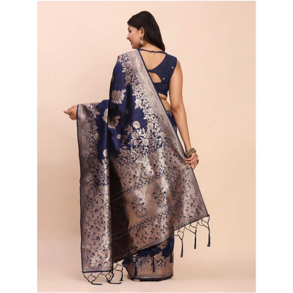 Snuggle Spot Women's Banarasi Silk Printed Saree With Unstitched Blouse 5.5Mtr (Navy Blue)