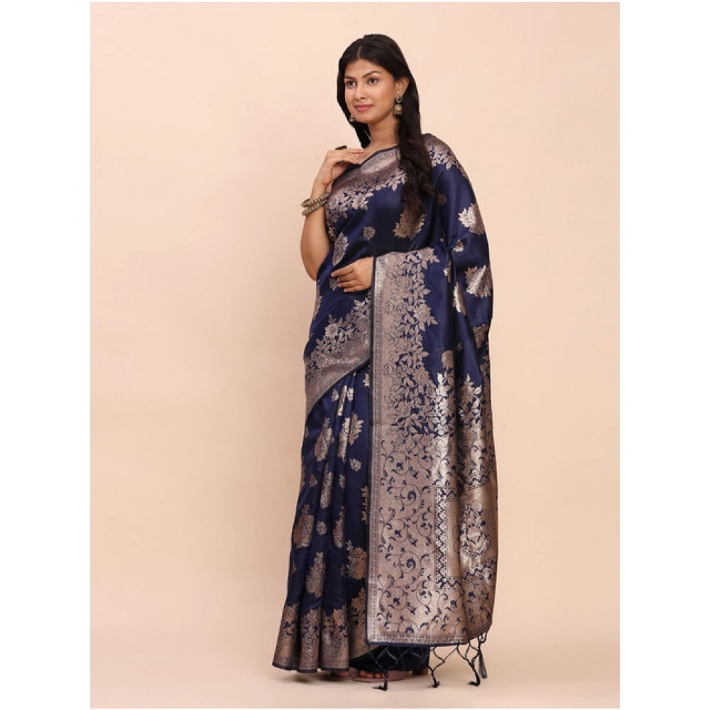 Snuggle Spot Women's Banarasi Silk Printed Saree With Unstitched Blouse 5.5Mtr (Navy Blue)
