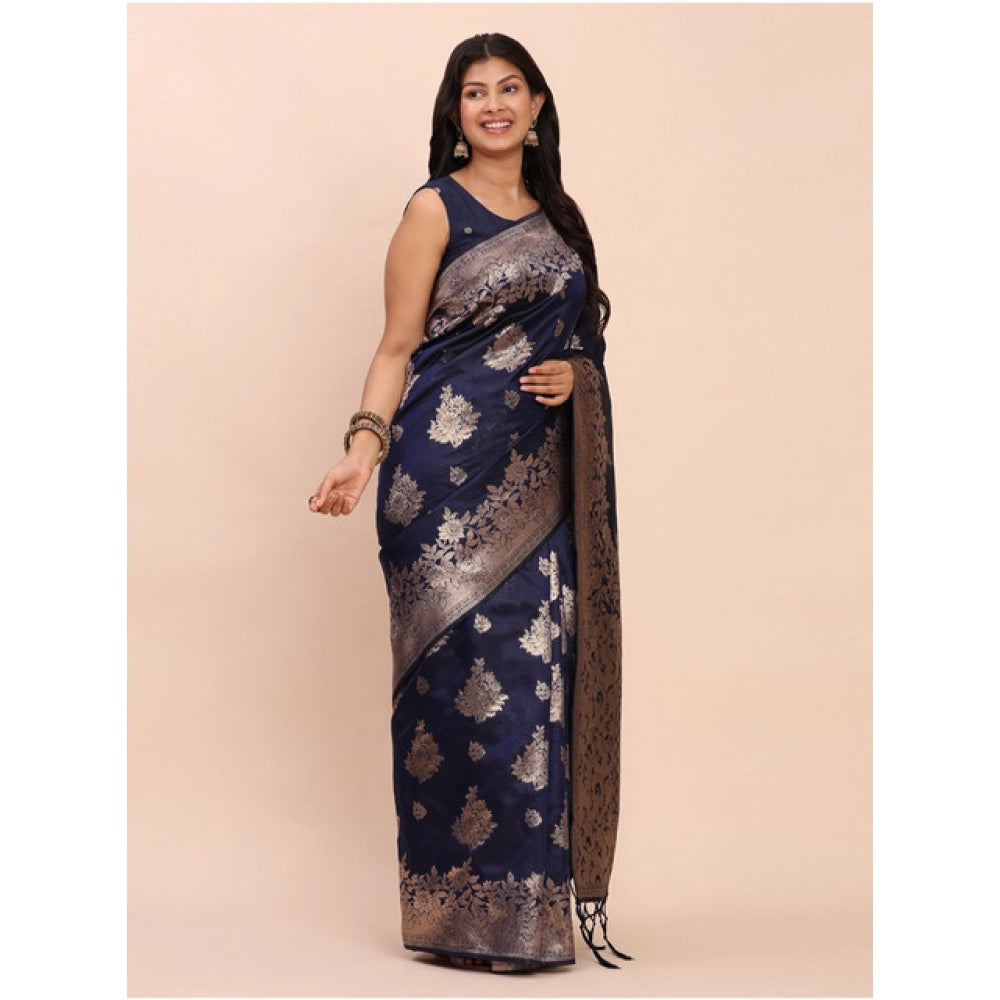 Snuggle Spot Women's Banarasi Silk Printed Saree With Unstitched Blouse 5.5Mtr (Navy Blue)