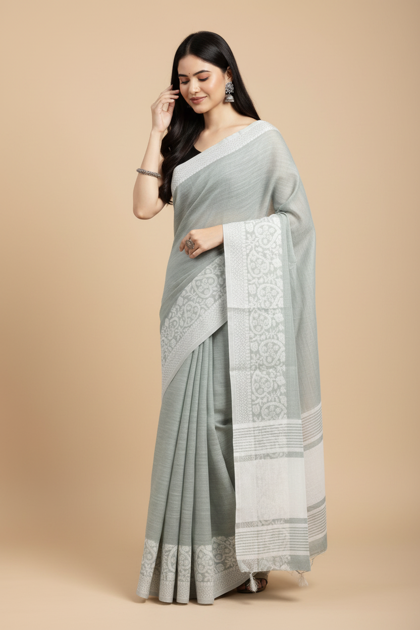 Snuggle Spot Women's Linen Printed Saree With Unstitched Blouse 5.5Mtr (Sea Green)