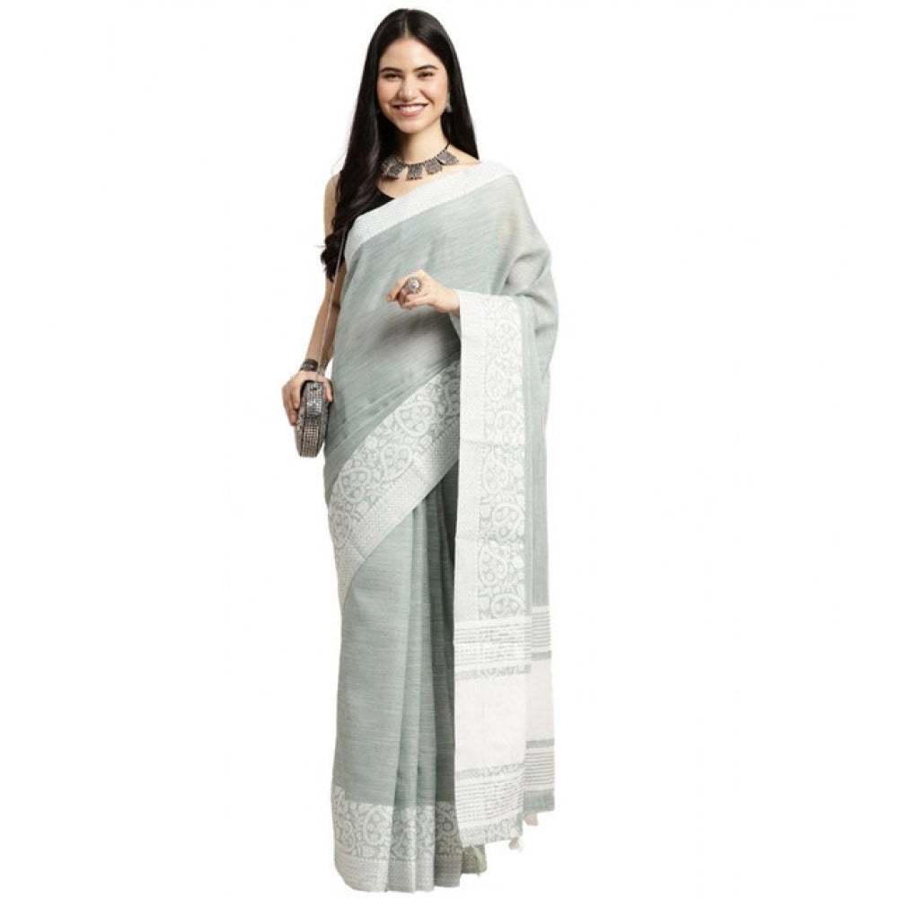 Snuggle Spot Women's Linen Printed Saree With Unstitched Blouse 5.5Mtr (Sea Green)