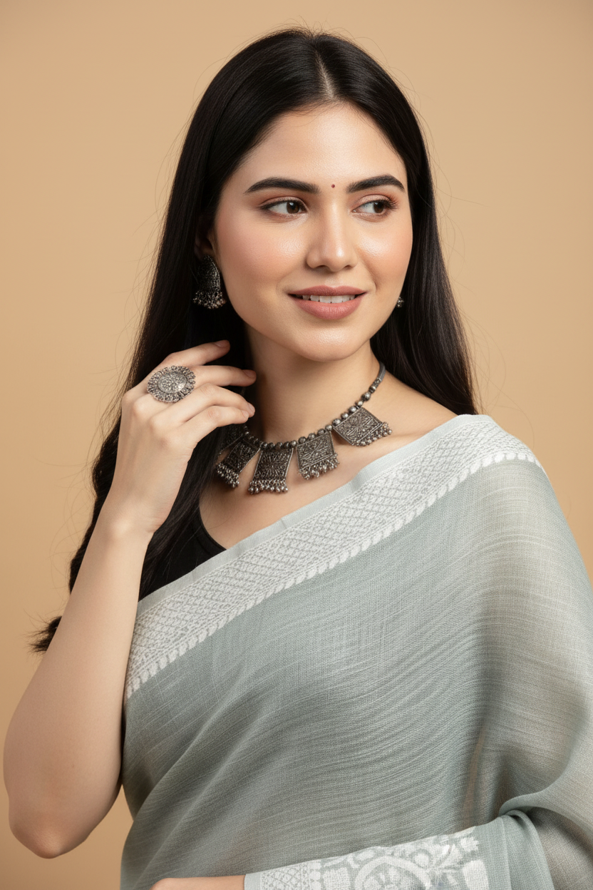 Snuggle Spot Women's Linen Printed Saree With Unstitched Blouse 5.5Mtr (Sea Green)