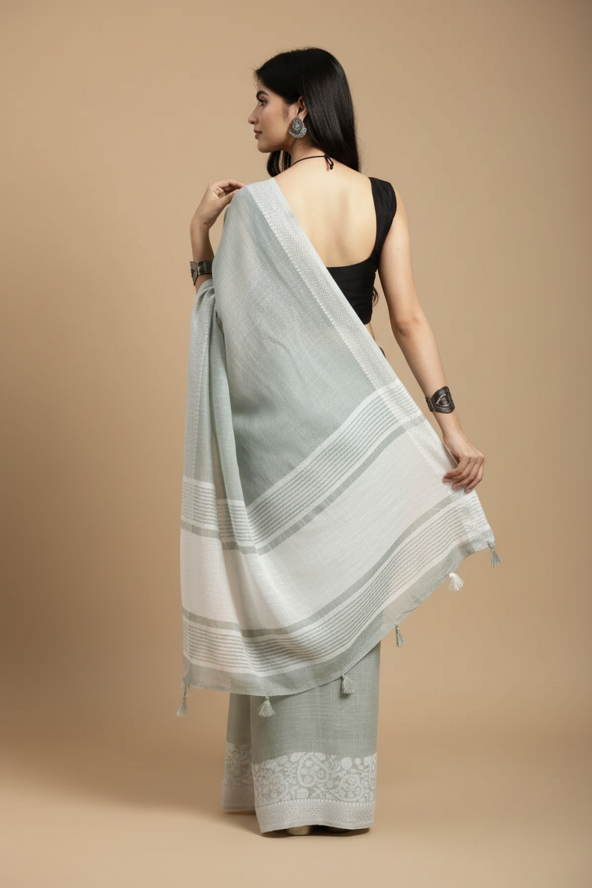 Snuggle Spot Women's Linen Printed Saree With Unstitched Blouse 5.5Mtr (Sea Green)