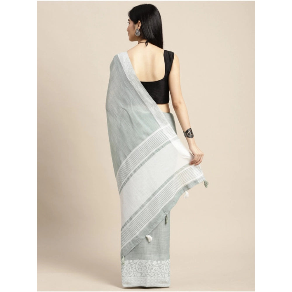 Snuggle Spot Women's Linen Printed Saree With Unstitched Blouse 5.5Mtr (Sea Green)