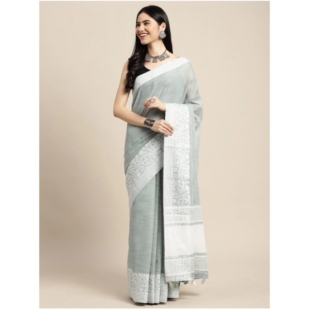 Snuggle Spot Women's Linen Printed Saree With Unstitched Blouse 5.5Mtr (Sea Green)