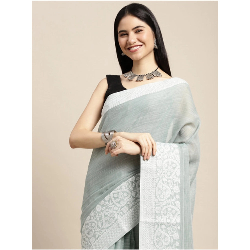 Snuggle Spot Women's Linen Printed Saree With Unstitched Blouse 5.5Mtr (Sea Green)