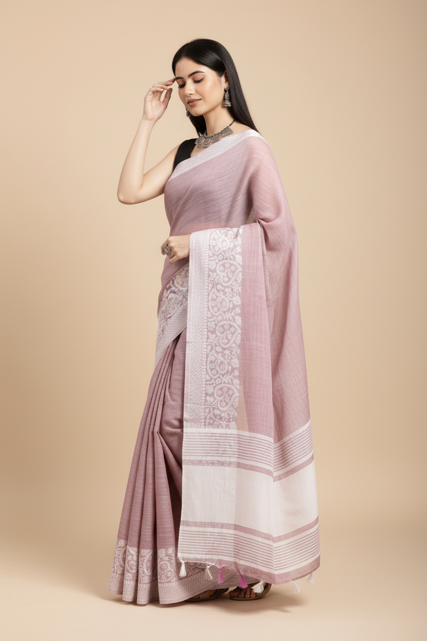 Snuggle Spot Women's Linen Printed Saree With Unstitched Blouse 5.5Mtr (Purple)
