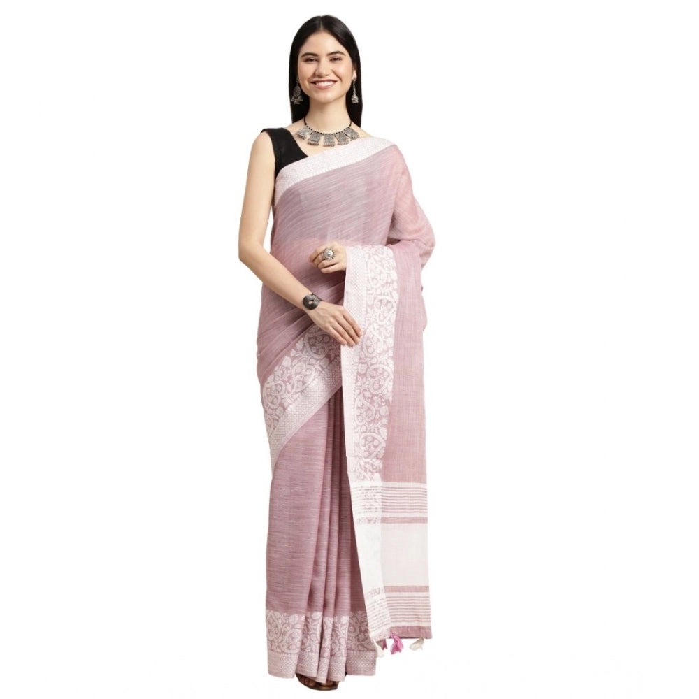 Snuggle Spot Women's Linen Printed Saree With Unstitched Blouse 5.5Mtr (Purple)