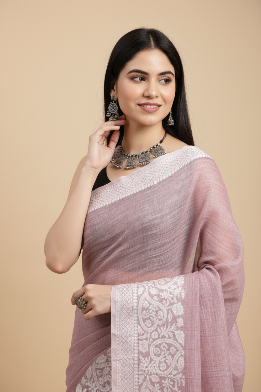 Snuggle Spot Women's Linen Printed Saree With Unstitched Blouse 5.5Mtr (Purple)