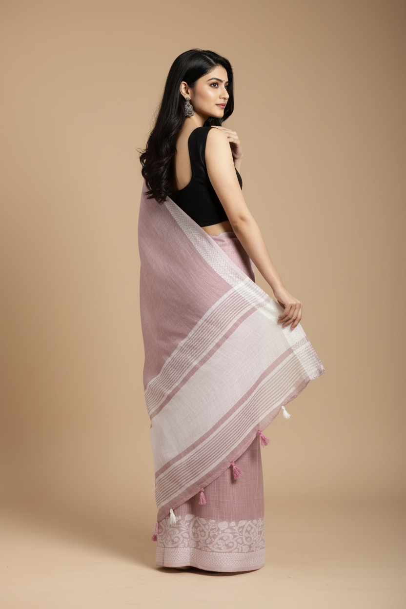 Snuggle Spot Women's Linen Printed Saree With Unstitched Blouse 5.5Mtr (Purple)