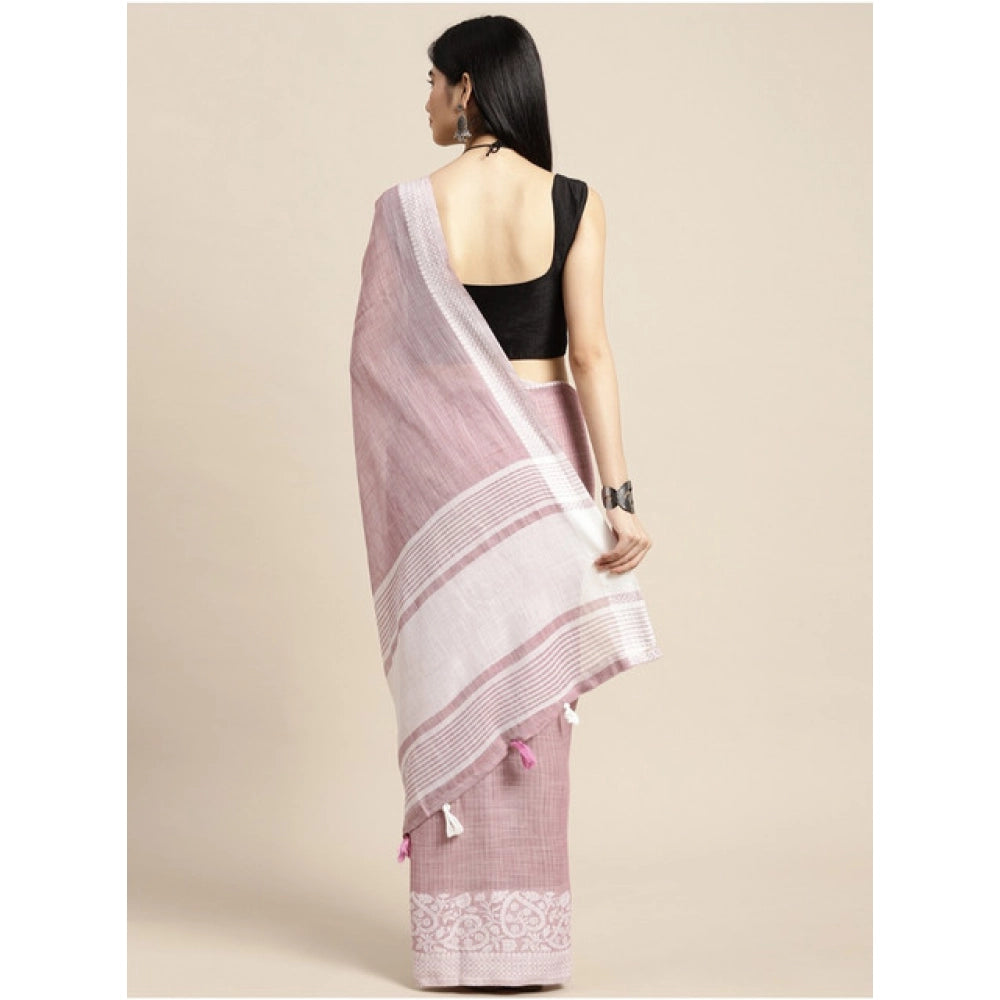 Snuggle Spot Women's Linen Printed Saree With Unstitched Blouse 5.5Mtr (Purple)