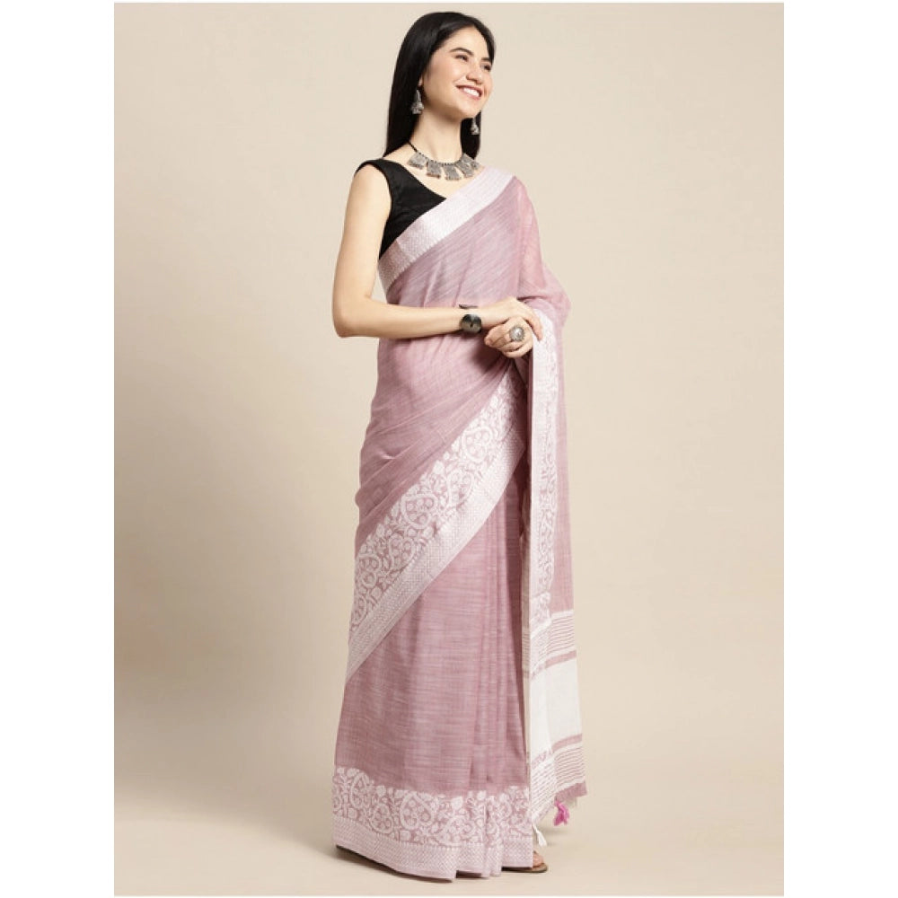 Snuggle Spot Women's Linen Printed Saree With Unstitched Blouse 5.5Mtr (Purple)